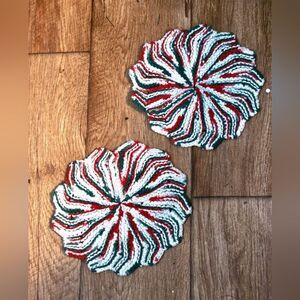 "5/$25" Set Of 2 Handmade Christmas Candy Hot Pads/Doilies Red/Green/White